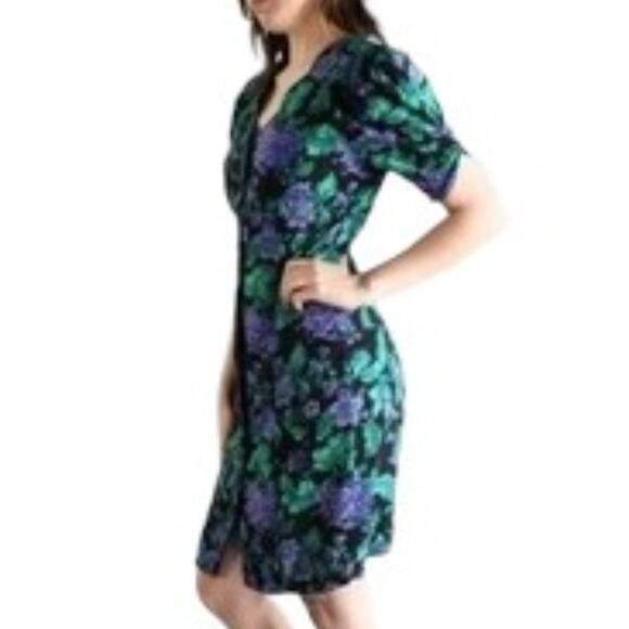 VTG 80s ADRIAN JORDAN Black Floral Button Front Sheath Dress SZ 14 - Picture 3 of 13